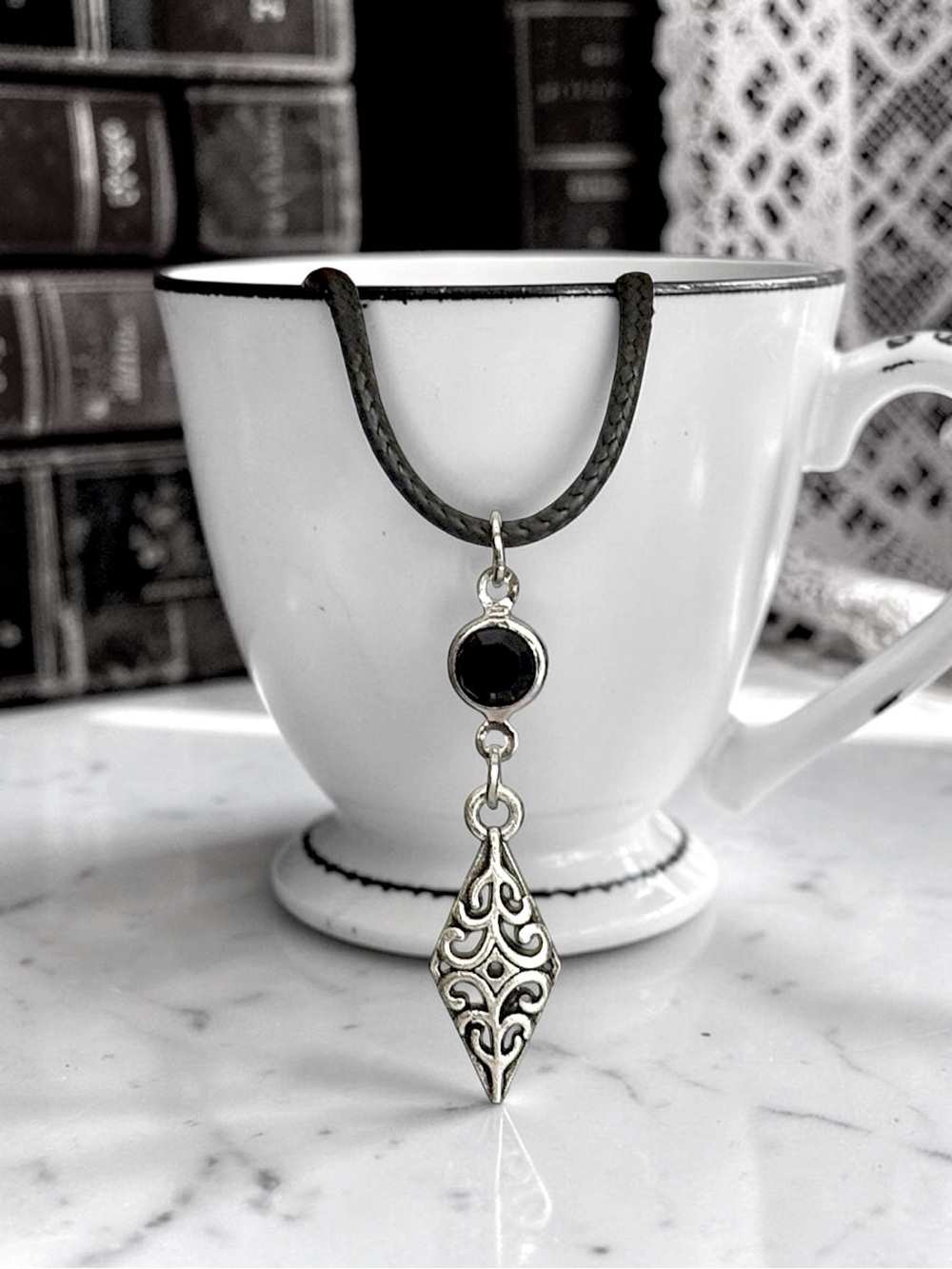 5 For $25💫Silver Filigree Diamond Necklace Pendant With Black Acrylic Gem Accent